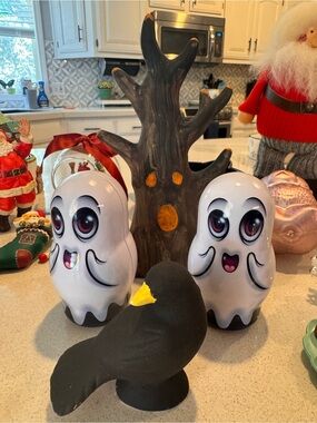 Playful Set of White Ghost Tins, Crow, Haunted Tree 👻 Halloween